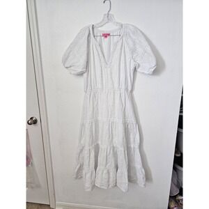 Betsey Johnson White Tiered‎ Midi V-Neck Dress Women's Size Large